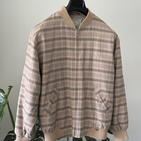 Valentino Jacket Bomber Beige Plaid Wool *VINTAGE* Logo V 100% Authentic - Picture 13 of 15